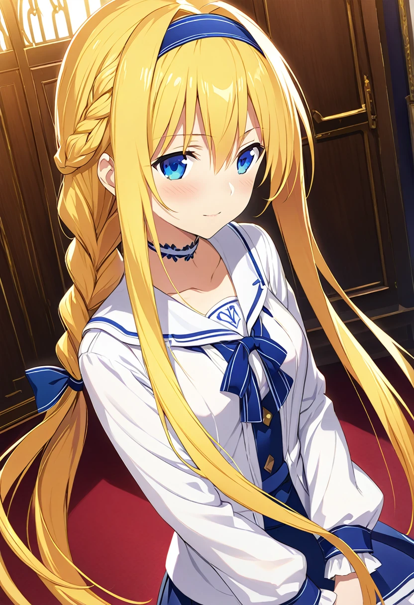 Highest quality、Very detailed、High resolution illustrations、Ultra-high-definition CG、８k size wallpaper、Production art、Light Novel Illustration、alice zuberg, bangs, blue eyes, blonde hair, hair between eyes, very long hair, braid, hairband, wh