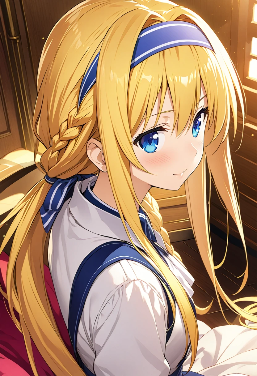 Highest quality、Very detailed、High resolution illustrations、Ultra-high-definition CG、８k size wallpaper、Production art、Light Novel Illustration、alice zuberg, bangs, blue eyes, blonde hair, hair between eyes, very long hair, braid, hairband, wh