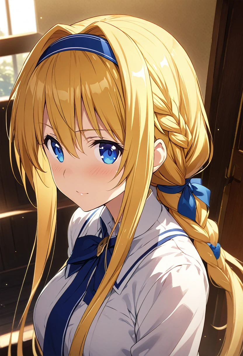 Highest quality、Very detailed、High resolution illustrations、Ultra-high-definition CG、８k size wallpaper、Production art、Light Novel Illustration、alice zuberg, bangs, blue eyes, blonde hair, hair between eyes, very long hair, braid, hairband, wh