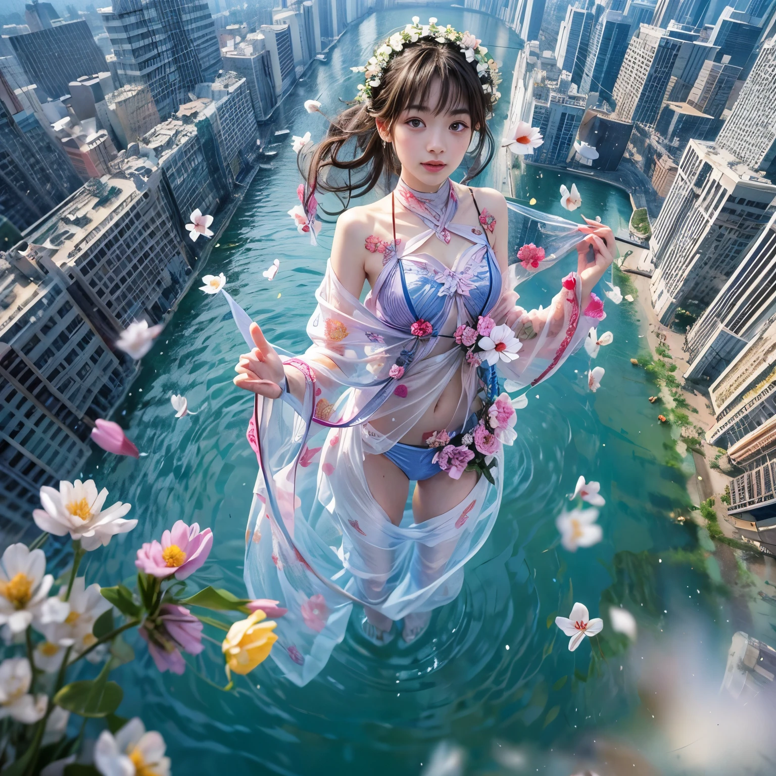 ExtremelyDetailed(ProfessionalPhoto of Girl Floating in the Sky:1.37), 280th floor infinity pool，The tallest building in the urban forest, {Around bonsai|Luo Han Song|coconut palms|tulips|Rose flower}, (Masterpiece 8K TopQuality:1.2),  (ExtremelyDetailed KAWAII face Eyes:1.28){ElaboratePupils with (SparklingHighlights:1.28)|DoubleEyelids with (Voluminous LongEyelashes:0.88)|RosyCheeks}  BREAK   Detailed impeccable Radiant PearlSkin with Transparency, Skinny(SchoolSwimwear:1.28) beautiful graceful {(HiddenHand)|((Corrected BabyLikeHand))} (Whole Body Proportions and all limbs are Anatomically Accurate), (Full of Flowers FlowerWreath WrappedBody Flowers Covering girl's body)ColorfulSky(extra limbs:-1.4)