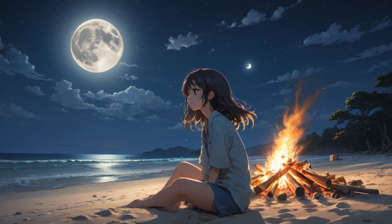 Beach , Anime Realism, The style of Makoto Shinkai and Makoto Niitsu, Highest quality, masterpiece, 8K, Representative works, Official Art, Professional, Super intricate details、Midnight、The moon is out、A starry sky、sitting near the bonfire、Anime Realism,、The style of Makoto Shinkai and Makoto Niitsu, Highest quality, masterpiece, 8K, Representative works, Official Art, Professional, Super intricate details, Girl,Long hair swaying in the wind、A girl is looking up at the moon、Fisheye Lens