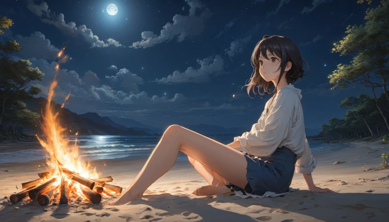 Beach , Anime Realism, The style of Makoto Shinkai and Makoto Niitsu, Highest quality, masterpiece, 8K, Representative works, Official Art, Professional, Super intricate details、Midnight、The moon is out、A starry sky、sitting near the bonfire、Anime Realism,、The style of Makoto Shinkai and Makoto Niitsu, Highest quality, masterpiece, 8K, Representative works, Official Art, Professional, Super intricate details, Girl,Long hair swaying in the wind、A girl is looking up at the moon、Fisheye Lens