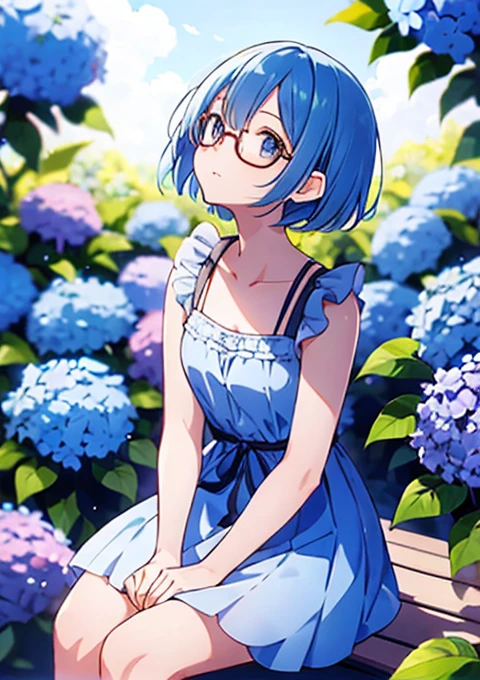 A cute girl sitting alone on a garden bench, with sky blue bob-cut hair, wearing glasses, and looking up with an upward glance. She is in a sun-dappled setting with a stone-paved path and blue hydrangeas in view.