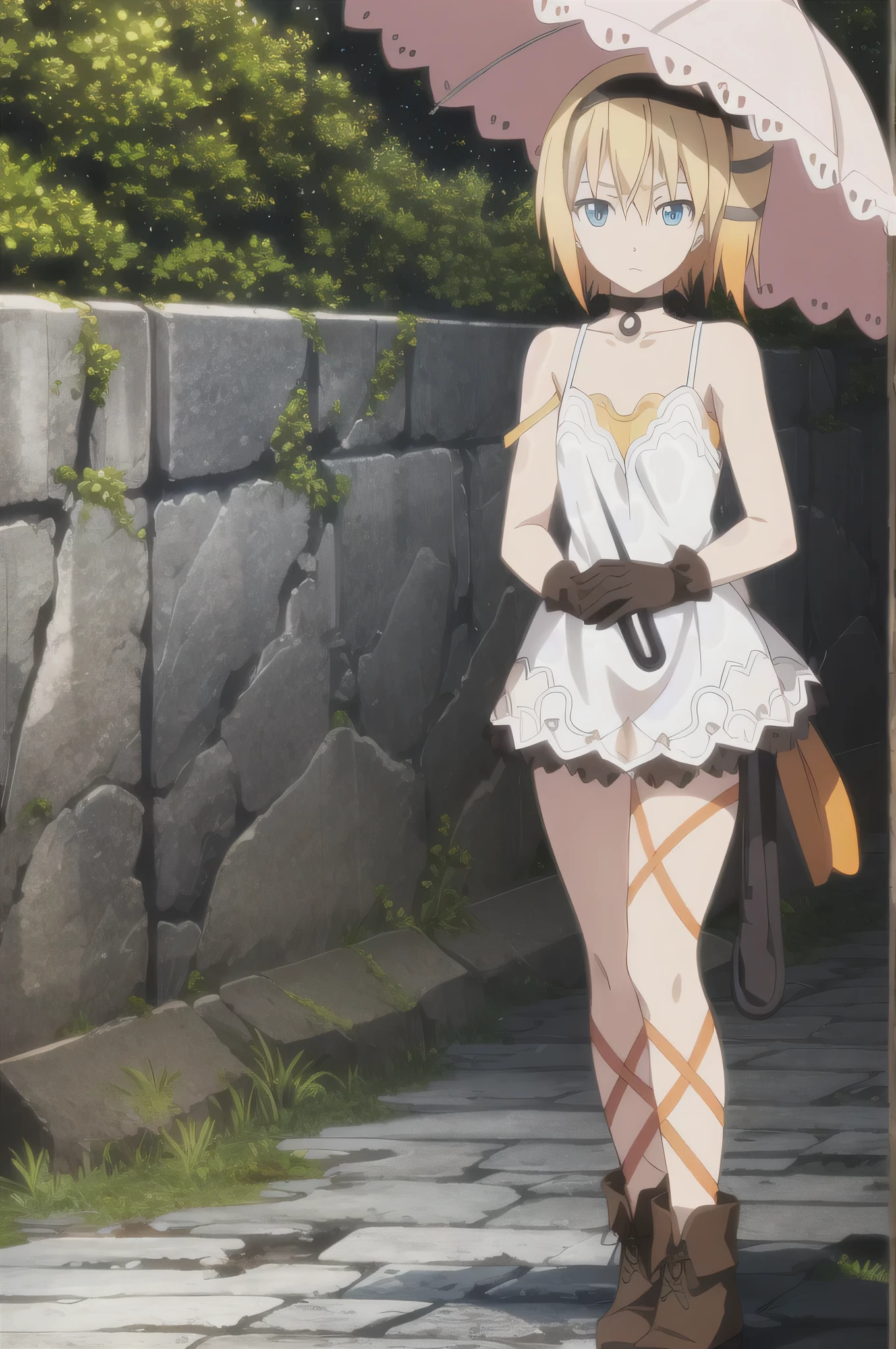 ((masterpiece)),((Highest quality)),Super detailed,Awareness-raising,explicit,beautiful body,beautiful Nose,beautiful character design,Perfect Eyes,Perfect Face,wallpaper,Ultra-high resolution,4K,photograph,(beautiful,Small breasts:1.2),(Beautiful face:1.2),Beautiful feet,Perfect Legs,Shiny skin,Official Style,Browsing Caution,Official Art,Make a screen cap,Anime Coloring,
One girl,alone,umbrella,bionde,short hair,choker,Side Ponytail,ribbon,blue eyes,black choker,gloves,leg ribbon,One-handed gloves,hair band,whole body,hair ribbon,dress,View your viewers,tress ribbon,boots,Are standing,white dress,skirt,clavicle,Beach,Outdoor,Day,sharp line