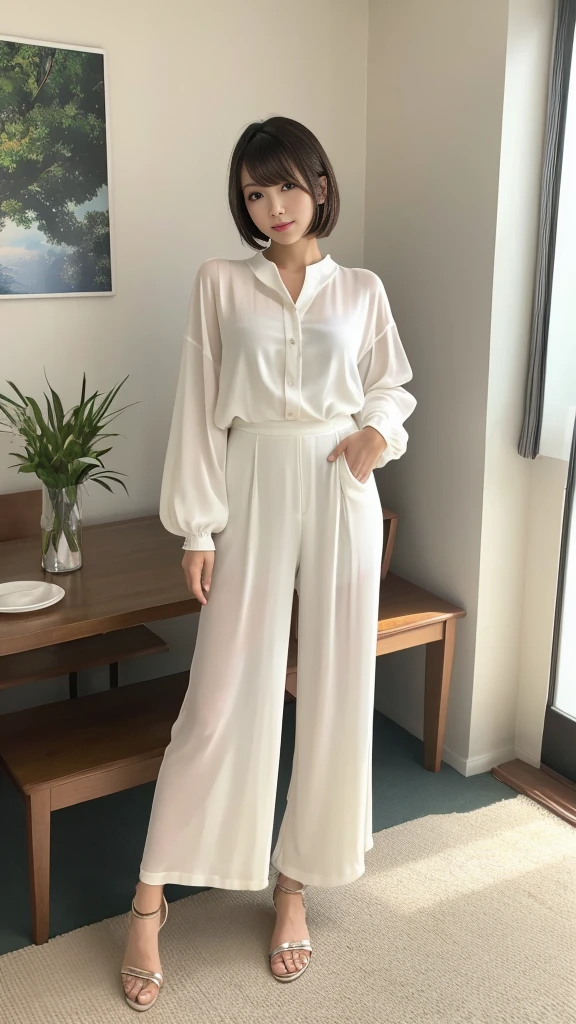 ((masterpiece,Highest quality)), (Like the picture:1.4),((Tabletop,8K)),High resolution,Studio Soft Light, Rim Light, Vivid details, Realistic skin texture,Japanese, One beautiful woman, short hair, Wavy Hair, Faint, thin bangs, compensate, 38 years old, Detailed skin, Long sleeve tunic blouse, Wide leg pants, Are standing, White Background, White Room,White wall, Full body photo, View your viewers、Sitting on the sofa、holding a drink in hand、Alcohol on the table