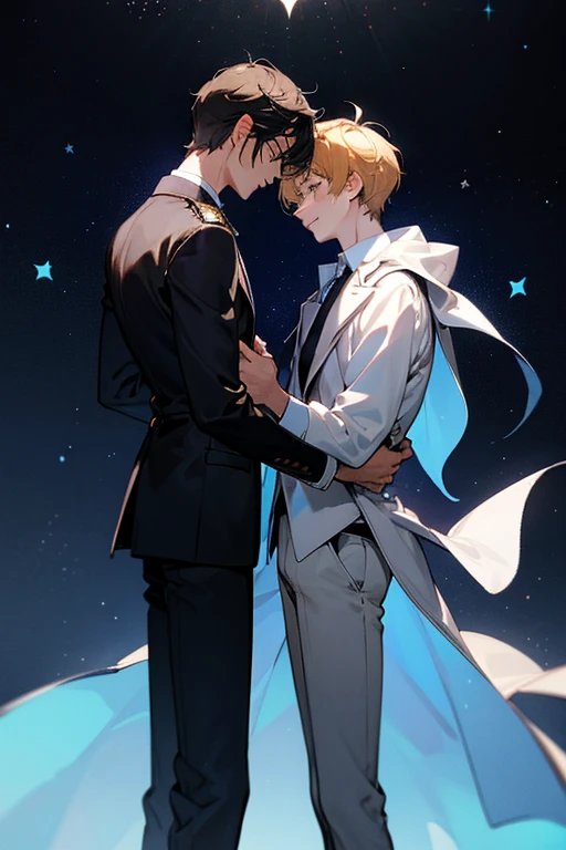 Create a dark background but with a little lighting and stars that give the touch of "where dreams die" Put two men, one who is handsome, tall, a millionaire, and the other who is shorter in height and with normal clothes that does not look like a millionaire, have them both be in the middle of the background and they try to touch each other with their hands, but they can&#39;t since they are separated by a barrier they are both sad 