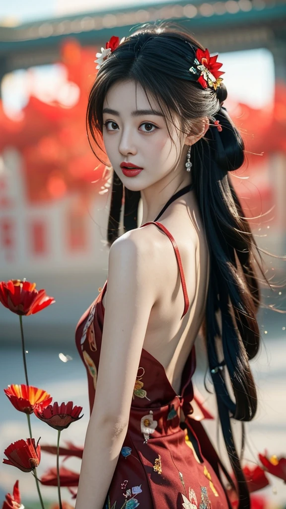 (8K、Top quality、masterpiece:1.2)、(8K、Top quality、masterpiece:1.2)、Dark theme、(Top quality、masterpiece:1.2)、20-year-old girl wearing a torn feather dress、(Chaos of red flowers in the background:1.3)、Beauty、Korean Temple、Beautiful woman、Gorgeous、Charm