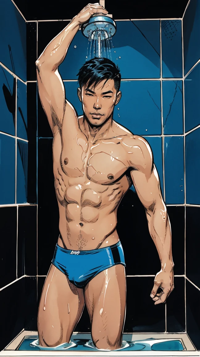 Handsome asian man, half-naked only wear blue bikini underwear, his show off his soaked wet body in showercore, full body portait head to toe, comic artstyle 2D.