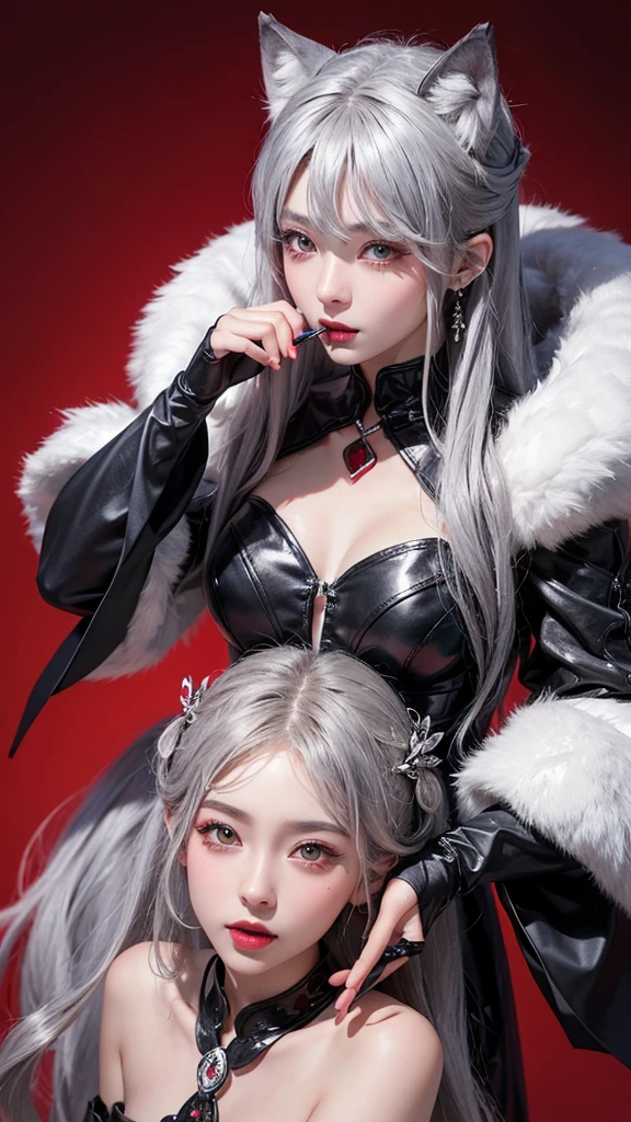 An anthropomorphized silver wolf applying lipstick。Her cheeks turned red、The eyes were hollow。Apparently he's drunk。Disheveled Hair。In the thick bamboo grove where thousands of trees grow。Silver Wolf has a unique fashion sense、sunglasses、I'm wearing a hat。clock、necklace、bracelet、Tattoo。Gestures that invite men。 (Highest quality、High resolution、8K、masterpiece: 1.2)。(detailed:1.4), 3d, Beautiful cyberpunk woman image,High resolution (High Dynamic Range),Ray Tracing,NVIDIA,Super Resolution,Unreal 5,Scattered beneath the surface,PBR Texturing,Post-processing,Anisotropic Filtering,Depth of written boundary,Maximum clarity and sharpness,Multilayer Texture,Albedo and Specular Maps,Surface Shading,Accurate simulation of light-matter interactions,Perfect proportions,Octane Rendering,Two-tone lighting,wide aperture,Low ISO,White balance,Three-part method,Use something sexy。