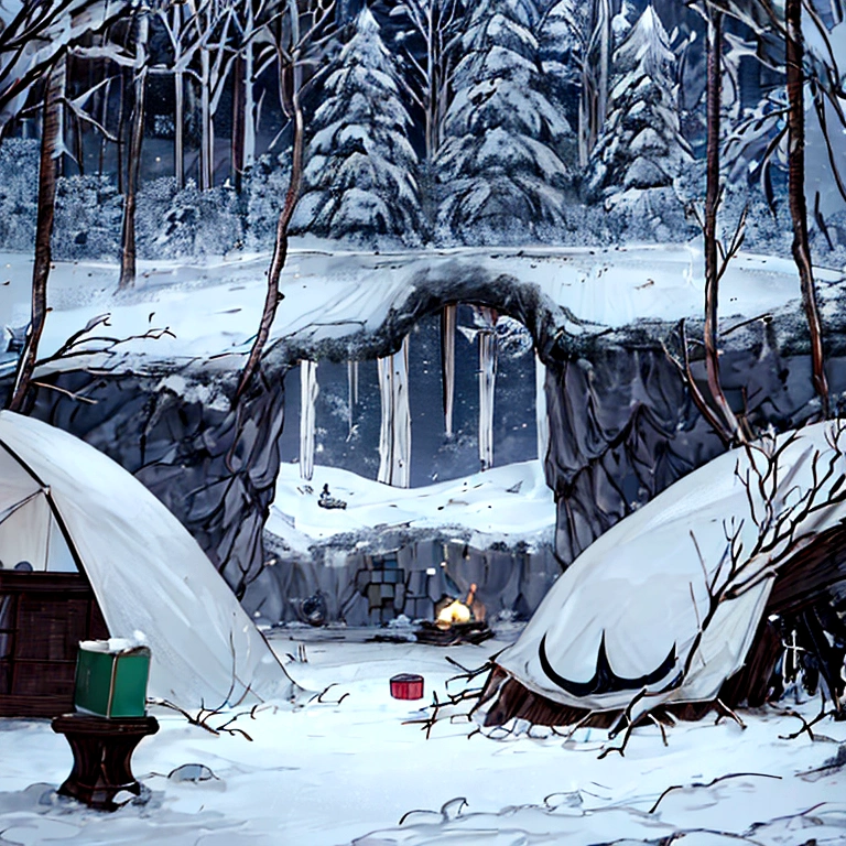 The ground is covered with snow, the location is a large cave in which there is a stretched torn tent, in which sits a hollow knight from the game Hollow Knight, he has a white helmet with horns, a sword on his back and he is dressed in armor made of foliage, reading a book by the fire, the atmosphere is mysterious, the colors are dark and there are shades of pink, the highest quality, 4k, 8k, high resolution, masterpiece: 1.2, super detailed, realistic: 1.37,