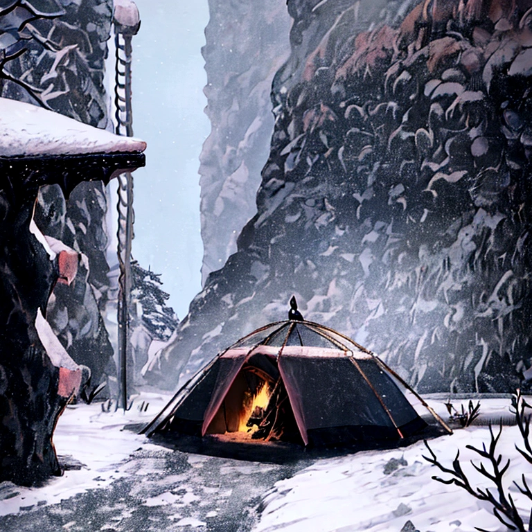 The ground is covered with snow, the location is a large cave in which there is a stretched torn tent, in which sits a hollow knight from the game Hollow Knight, he has a white helmet with horns, a sword on his back and he is dressed in armor made of foliage, reading a book by the fire, the atmosphere is mysterious, the colors are dark and there are shades of pink, the highest quality, 4k, 8k, high resolution, masterpiece: 1.2, super detailed, realistic: 1.37,