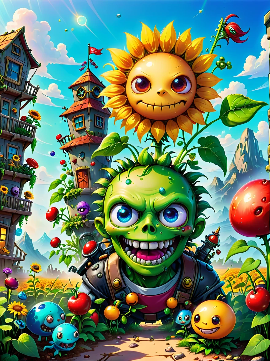 extremely detailed fantasy world,various strange plants and zombies,pea shooter,potato mine,sunflower,cherry bomb,chomper,gatling pea,flag zombie,plants vs zombies game screen image,strategy tower defense game,diverse colorful plants and zombies,vivid colors,bright and cheerful mood,cartoon-style,detailed backgrounds,quirky and bizarre characters,physically-based rendering,sharp focus, immersive gaming scene,bokeh,wide landscape view,playful and whimsical design, (best quality, 8k, highres,masterpiece),ultra-detailed,