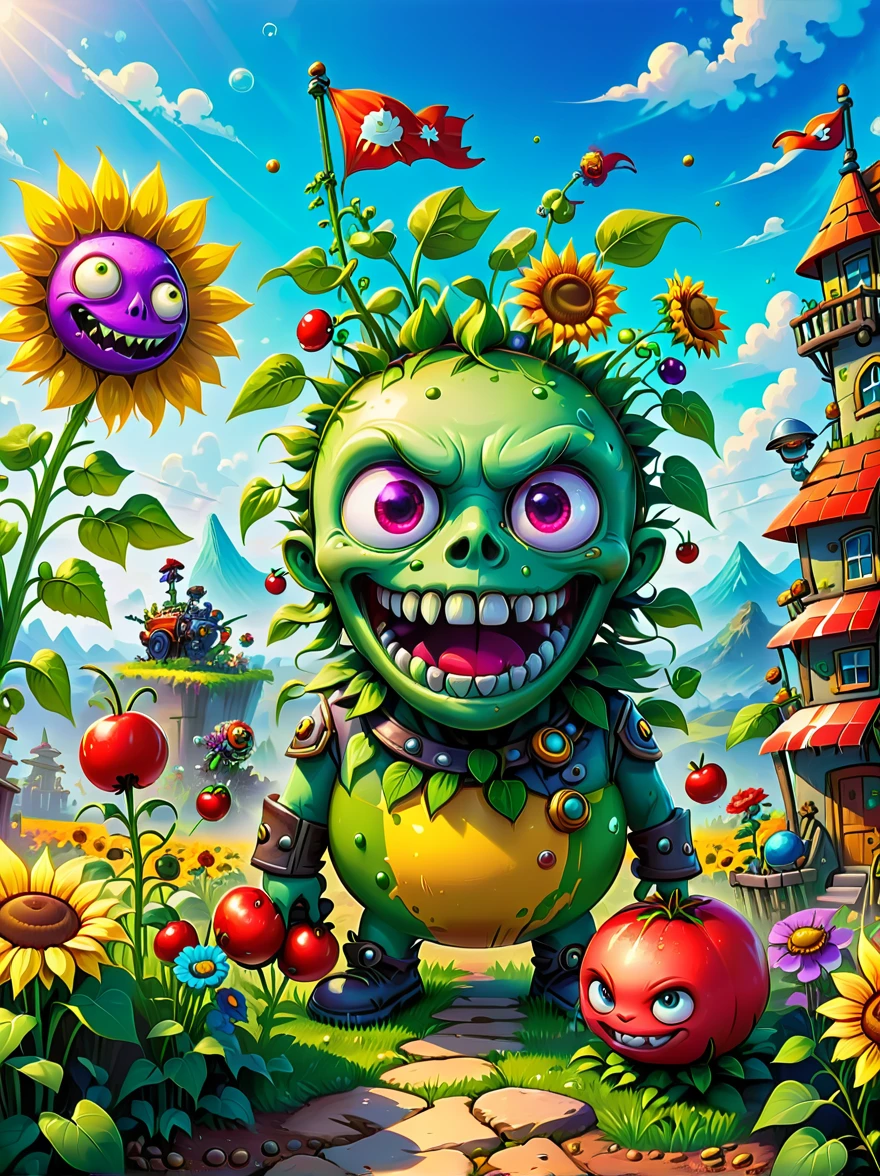 extremely detailed fantasy world,various strange plants and zombies,pea shooter,potato mine,sunflower,cherry bomb,chomper,gatling pea,flag zombie,plants vs zombies game screen image,strategy tower defense game,diverse colorful plants and zombies,vivid colors,bright and cheerful mood,cartoon-style,detailed backgrounds,quirky and bizarre characters,physically-based rendering,sharp focus, immersive gaming scene,bokeh,wide landscape view,playful and whimsical design, (best quality, 8k, highres,masterpiece),ultra-detailed,