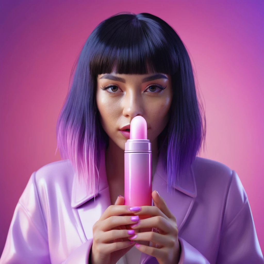 smartphone in her hand, blackhair female hands holding dildo to her face, that is glowing with pink and purple colours, dripping wet, closeup macro photo, minimalistic, in a light purple and pink style, with soft edges and blurred details, in the toycore style, with a 3D render, on a colorful background, with a minimalist stage design, in a surreal style, with a cinema4D rendering, with a minimalist style, with low saturation, using gradient colors, with a cinema4D rendering, with a blender rendering, with super detail, at a super high resolution, at a super high definition
