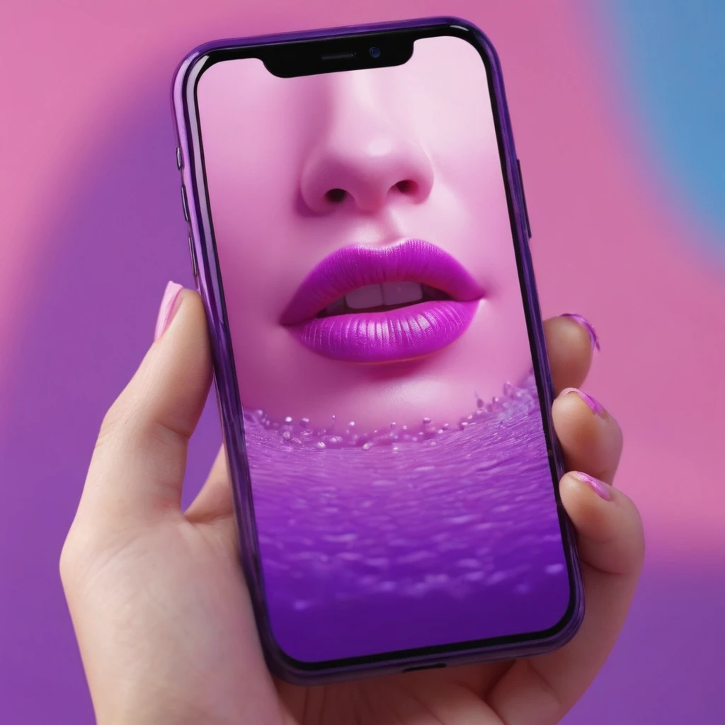 smartphone in her hand, blackhair female hands holding dildo to her face, that is glowing with pink and purple colours, dripping wet, closeup macro photo, minimalistic, in a light purple and pink style, with soft edges and blurred details, in the toycore style, with a 3D render, on a colorful background, with a minimalist stage design, in a surreal style, with a cinema4D rendering, with a minimalist style, with low saturation, using gradient colors, with a cinema4D rendering, with a blender rendering, with super detail, at a super high resolution, at a super high definition
