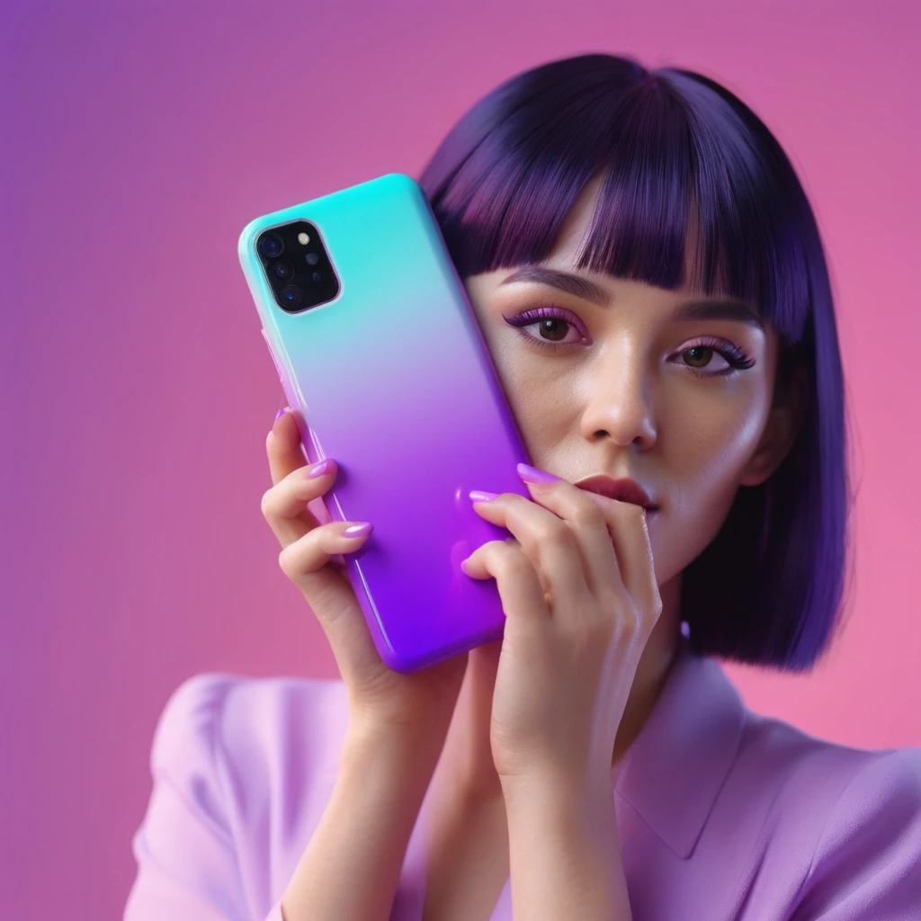 smartphone in her hand, blackhair female hands holding dildo to her face, that is glowing with pink and purple colours, dripping wet, closeup macro photo, minimalistic, in a light purple and pink style, with soft edges and blurred details, in the toycore style, with a 3D render, on a colorful background, with a minimalist stage design, in a surreal style, with a cinema4D rendering, with a minimalist style, with low saturation, using gradient colors, with a cinema4D rendering, with a blender rendering, with super detail, at a super high resolution, at a super high definition