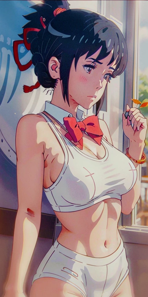 miyamizu_mitsuha, red bowtie,
jewelry, white yoga crop top, white yoga tight shorts, hands on chest,see-through, looking at viewer, hair ornament, choker, shy,
(masterpiece, top quality, best quality, official art, beautiful and aesthetic:1.2), (1 girl), extreme detailed, colorful, highest detailed,
(huge breasts:1.2, upper body, from below, cameltoe, ) white panties,
china city,street, sun, cloud, wall, leaning,секси девушка