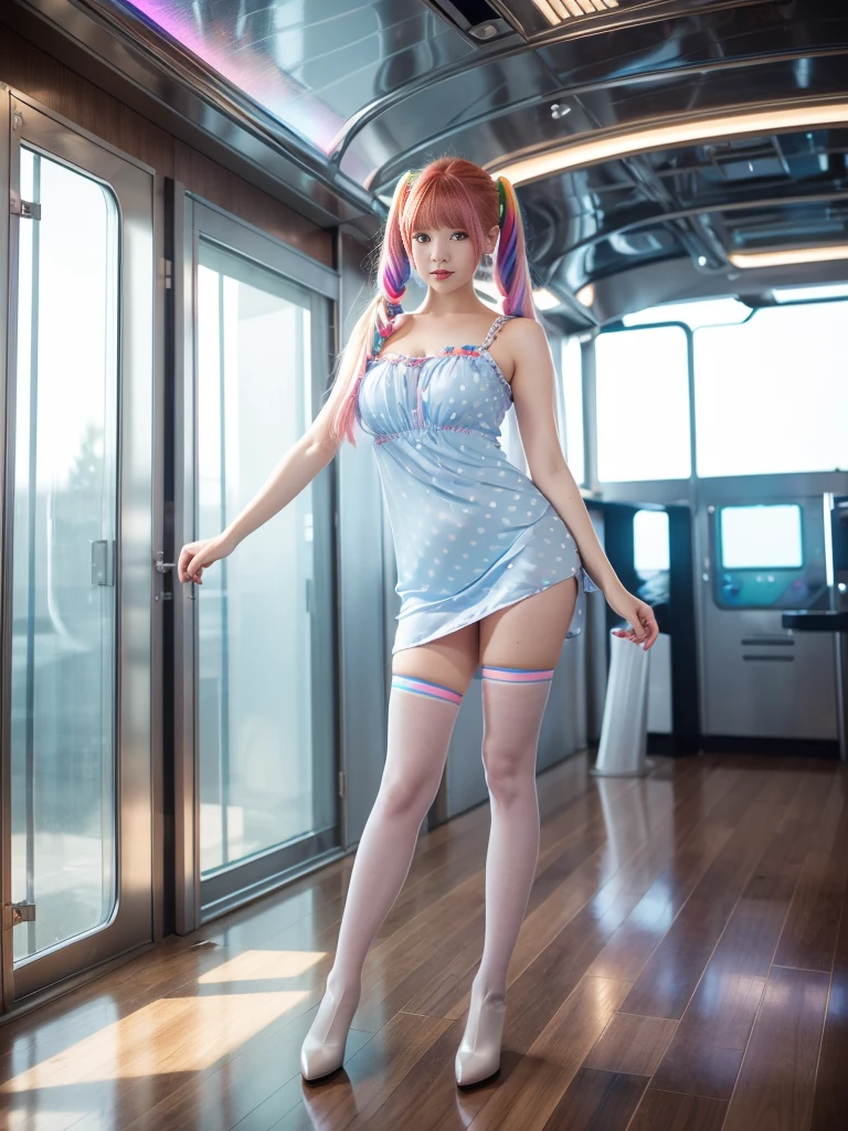 Cute redhead, gravure Idol, with rainbow colored hair tips, ribbons in her hair, 18-year-old woman, happy, in twin tails, perfect symmetrical eyes, clear sparkling blue eyes, pale skin, silky smooth skin, standing on a fancy luxurious space ship, large futuristic corridor, control panels, wood trim, decorative plants, warm lighting, wearing a futuristic  dress, pleated (chemise) mini dress (pastel rainbow colors, and polka dots), wearing full body pantyhose, cute short cut booties.