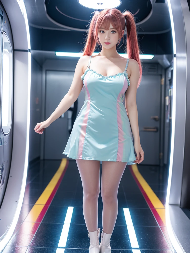 Cute redhead, gravure Idol, with rainbow colored hair tips, ribbons in her hair, 18-year-old woman, happy, in twin tails, perfect symmetrical eyes, clear sparkling blue eyes, pale skin, silky smooth skin, standing on a fancy luxurious space ship, large futuristic corridor, control panels, wood trim, decorative plants, warm lighting, wearing a futuristic dress, pleated (chemise) mini dress (pastel rainbow colors, and polka dots), wearing full body pantyhose, cute short cut booties.