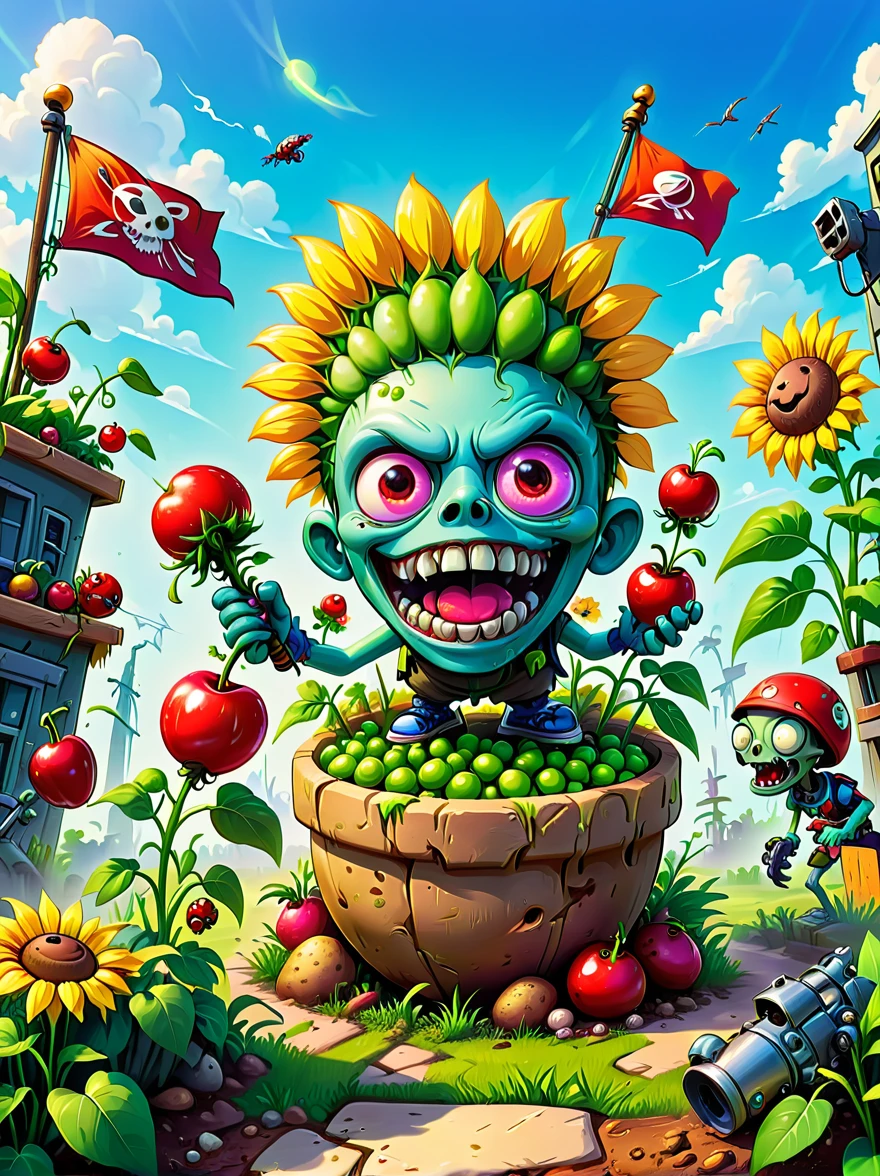 A screen shot showing a gaming video on the popular video-sharing platform,The game being played is a vivid fictional action-adventure game Plants vs. Zombies,背景是一个充满Various strange plants and zombies的详细幻想世界,Various strange plants and zombies,Pea shooter,((Potato Mine)),Cherry Bomb(Cherry Bomb), sunflower,Chomper,(Gatling Pea),(Flag zombies),Plants vs. Zombies game screen image,Strategy tower defense game,Colorful plants and zombies,Vivid colors,Bright and cheerful mood,Cartoon Style,Detailed background,Immersive game scene,Wide landscape perspective,Playful and whimsical design