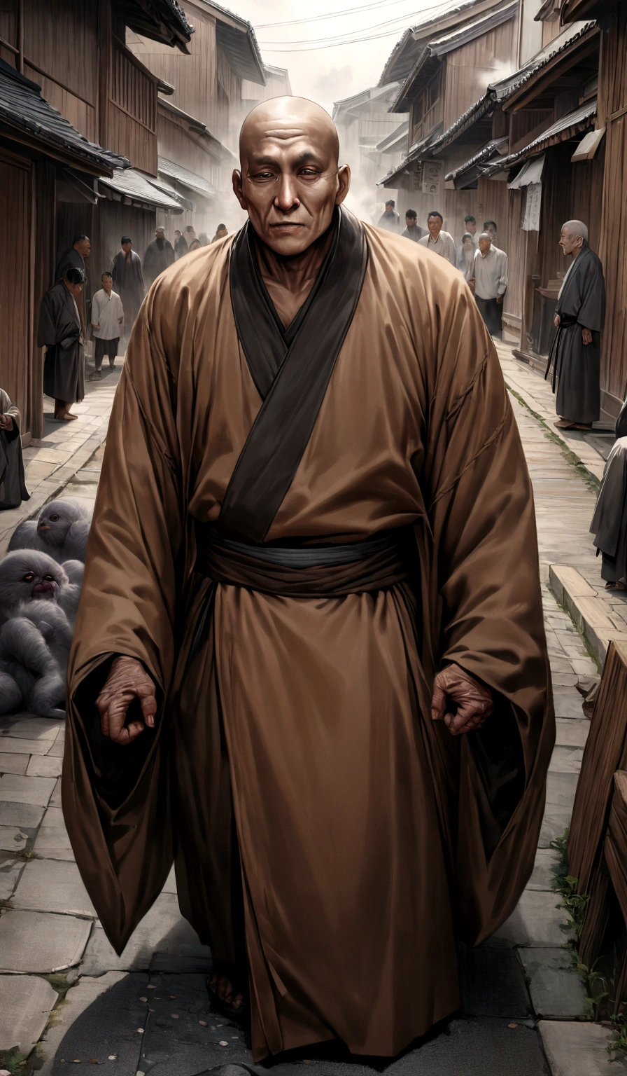 A mysterious giant monk with one eye in the center of his face appears in the streets of an old Japanese town. , Scary atmosphere, Smokey, Hyperrealism, high quality, masterpiece, The little creatures on it