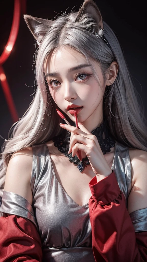 An anthropomorphized silver wolf applying lipstick。Her cheeks turned red、The eyes were hollow。Apparently he's drunk。Disheveled Hair。In the thick bamboo grove where thousands of trees grow。Silver Wolf has a unique fashion sense、sunglasses、I'm wearing a hat。clock、necklace、bracelet、Tattoo。Gestures that invite men。 (Highest quality、High resolution、8K、masterpiece: 1.2)。(detailed:1.4), 3d, Beautiful cyberpunk woman image,High resolution (High Dynamic Range),Ray Tracing,NVIDIA,Super Resolution,Unreal 5,Scattered beneath the surface,PBR Texturing,Post-processing,Anisotropic Filtering,Depth of written boundary,Maximum clarity and sharpness,Multilayer Texture,Albedo and Specular Maps,Surface Shading,Accurate simulation of light-matter interactions,Perfect proportions,Octane Rendering,Two-tone lighting,wide aperture,Low ISO,White balance,Three-part method,Use something sexy。