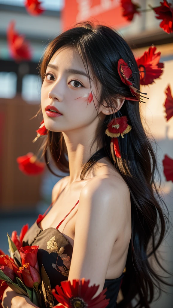 (8K、Top quality、masterpiece:1.2)、(8K、Top quality、masterpiece:1.2)、Dark theme、(Top quality、masterpiece:1.2)、20-year-old girl wearing a torn feather dress、(Chaos of red flowers in the background:1.3)、Beauty、Korean Temple、Beautiful woman、Gorgeous、Charm