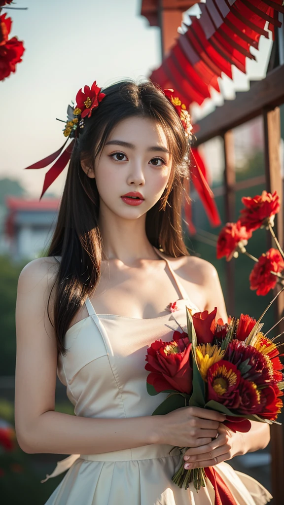 (8K、Top quality、masterpiece:1.2)、(8K、Top quality、masterpiece:1.2)、Dark theme、(Top quality、masterpiece:1.2)、20-year-old girl wearing a torn feather dress、(Chaos of red flowers in the background:1.3)、Beauty、Korean Temple、Beautiful woman、Gorgeous、Charm