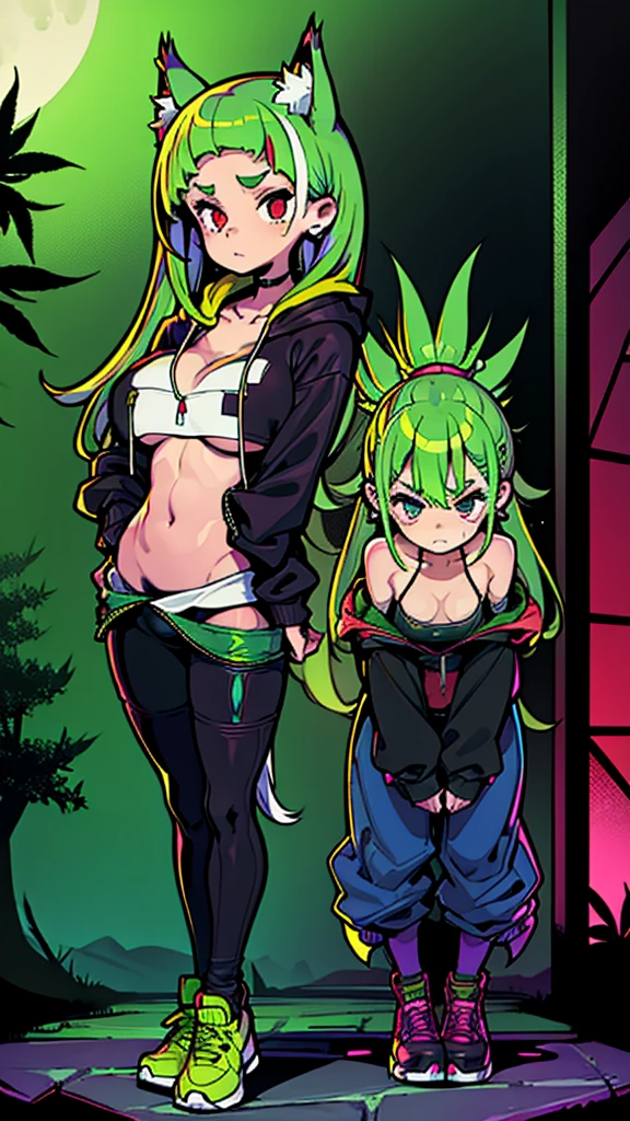 Croped, cleavage, slim waist, cropped hoodie underboob, cropped hoodieunderboobhoodie, 1 girl, 2 wolf ears, wolf tail, marijuana crop hoodie, crop shorts, marijuana hoodie, spiky hair, spiky fur, green hair, red eyes,marijuana field, tight clothes, perfect eyes, perfect hands, clear resolution, full body, cleavage skin, marijuana plants, open hoodie, marijuana field, black thigh high socks, full body, earrings, 1girl, skirt, cleavage, slim waist, cleavage, slim waist, hair pulled back, big breast, round butt, slim waist, best quality, thick thighs, D-cup breast, 4k quality, night time, full moon