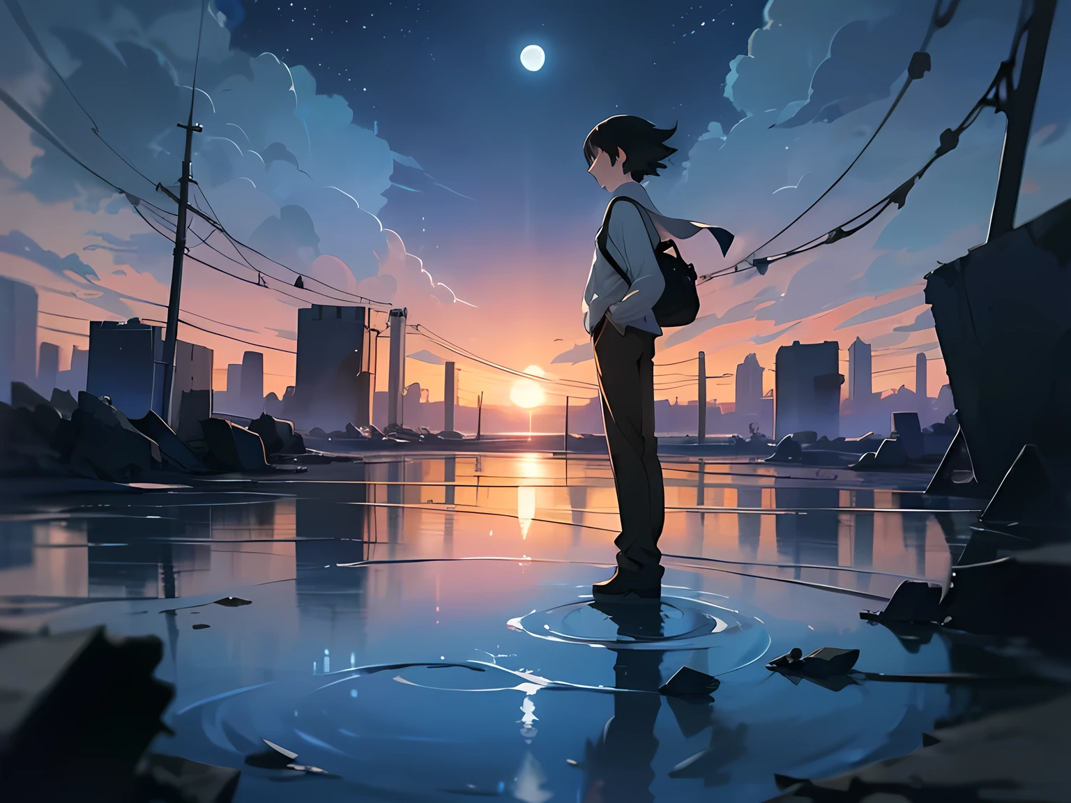 One standing on the water,night,There is a moon in the sky,Starry Sky,ruins,Broken cement,anxiety,Depth of Field,Anime style,Makoto Shinkai's style,8K ,masterpiece,Ray Tracing
