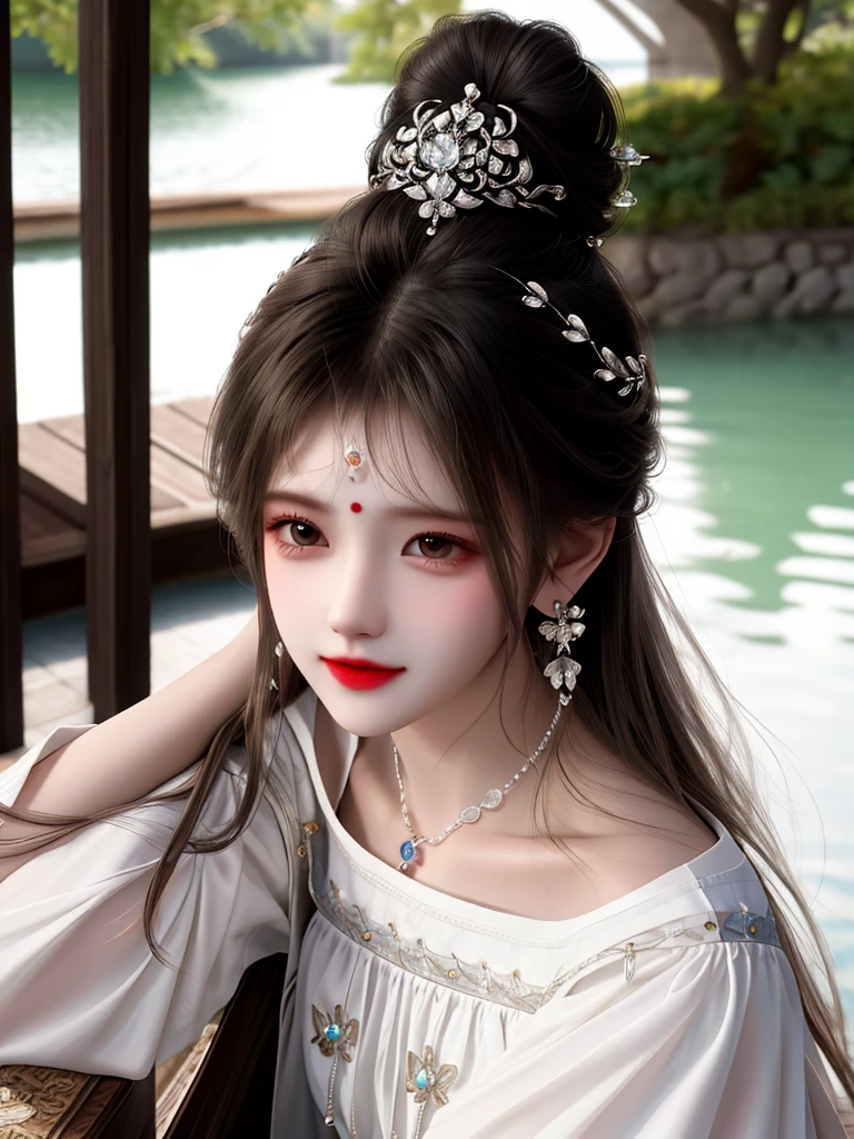 best quality,masterpiece,high resolution,CG,
1 Girl,Long hair,skirt,water,Solitary,Jewelry,white skirt,earrings,Hair accessories,splash,Upper Body,Hair Bun,Black Hair,
light,frank,photo,high resolution,4K,8K,Bokeh,