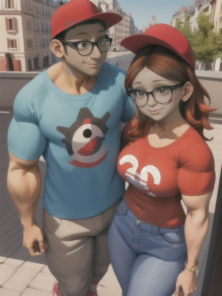 (masterpiece, best quality:1.2), A couple , boy Nino Lahiffe: Brown skin, dark hair, usually seen wearing a red cap, glasses, and casual clothing like a T-shirt and jeans, and a girl Alya Césaire: Brown skin, curly dark brown hair, often wears glasses, and typically seen in stylish, casual outfits. A casual day out with both characters in their everyday attire,Sharing a tender moment, like sitting on a rooftop overlooking Paris..(girl and boy:1), smiling, ((high resolution illustration)), ((extremely detailed)), (couple), Alya, Nino, Nino X Alya, (best quality,4k,8k,highres,masterpiece:1.2), ultra-detailed, realistic:1.37, HDR, studio lighting, extreme detail description, nino wearing a red cap, professional, vibrant colors, bokeh, ((muscular female bodybuilder)), detailed lips, strong embrace, romantic scene, intimate moment, intense passion, athletic bodies, fitness couple, gym background, muscular definition, sculpted muscles, sweat glistening,muscular