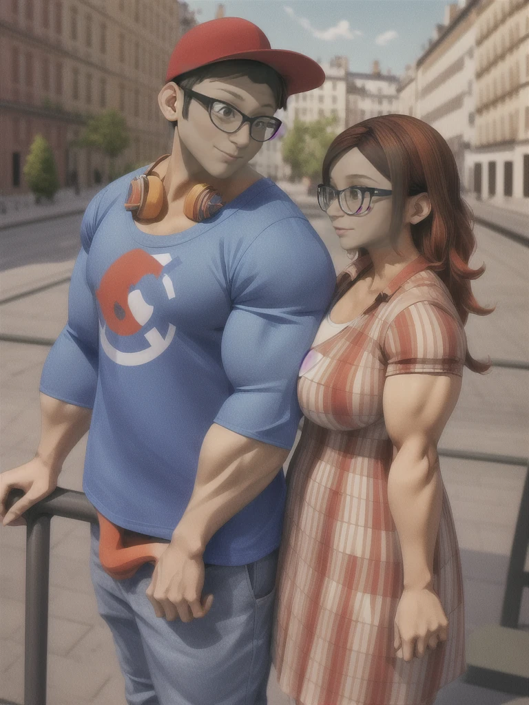 (masterpiece, best quality:1.2), A couple , boy Nino Lahiffe: Brown skin, dark hair, usually seen wearing a red cap, glasses, and casual clothing like a T-shirt and jeans, and a girl Alya Césaire: Brown skin, curly dark brown hair, often wears glasses, and typically seen in stylish, casual outfits. A casual day out with both characters in their everyday attire,Sharing a tender moment, like sitting on a rooftop overlooking Paris..(girl and boy:1), smiling, ((high resolution illustration)), ((extremely detailed)), (couple), Alya, Nino, Nino X Alya, (best quality,4k,8k,highres,masterpiece:1.2), ultra-detailed, realistic:1.37, HDR, studio lighting, extreme detail description, nino wearing a red cap, professional, vibrant colors, bokeh, ((muscular female bodybuilder)), detailed lips, strong embrace, romantic scene, intimate moment, intense passion, athletic bodies, fitness couple, gym background, muscular definition, sculpted muscles, sweat glistening,muscular