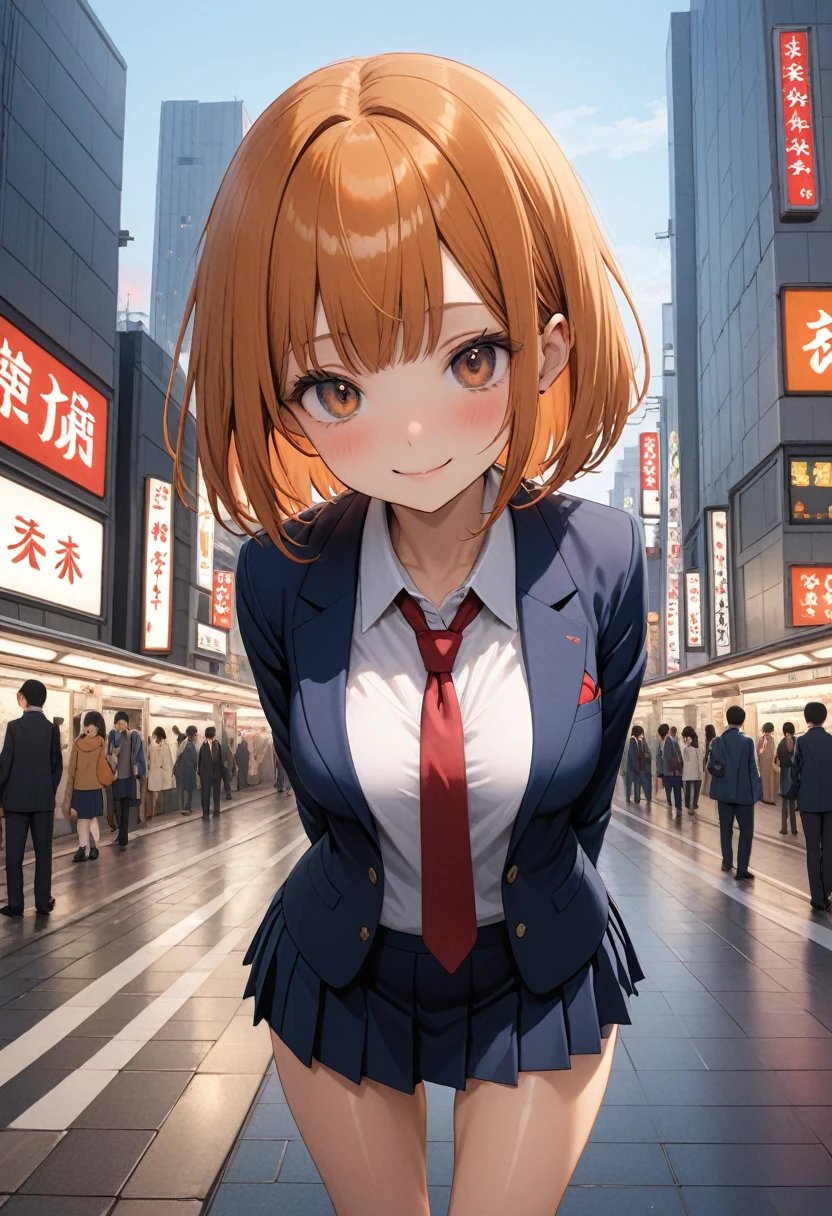 ((masterpiece,Highest quality:1.3,best quality illustration)),cowboy shot,1woman,16-year-old Japan beauty,((very small head:1.4)),short bob hair,bangs,(orange hair),brown eyes,gorgeous eyes,blush,smile,medium breasts,((very long body)),(School uniform,Navy blue blazer、Red tie、White Shirt、Navy blue pleated mini skirt),(toned body,slender body,skinny),gleaming skin,shiny skin,oily skin,standing,Shibuya Station、Tokyo