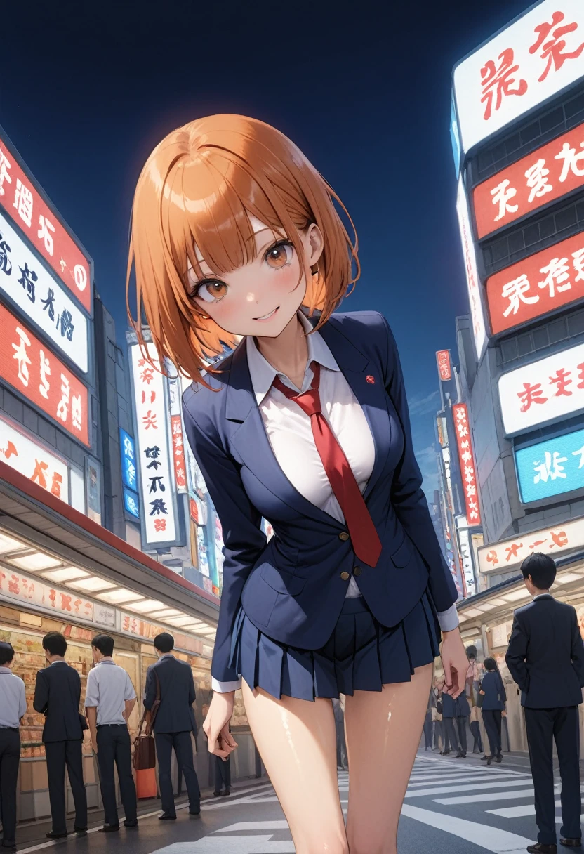 ((masterpiece,Highest quality:1.3,best quality illustration)),cowboy shot,1woman,-yeld Ja beauty,((very small head:1.4)),short bob hair,bangs,(orange hair),brown eyes,gorgeous eyes,blush,smile,medium breasts,((very long body)),(School uniform,Navy blue blazer、Red tie、White Shirt、Navy blue pleated mini skirt),(toned body,slender body,skinny),gleaming skin,shiny skin,oily skin,standing,Shibuya Station、Tokyo