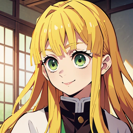 Masterpiece, Best Quality,1 girl、Kimetsu no Yaiba style、uniform hashira、light hair blonde、long hair、light blonde hair、smiles、    green  eyes、  light eyes、cold、close-up、