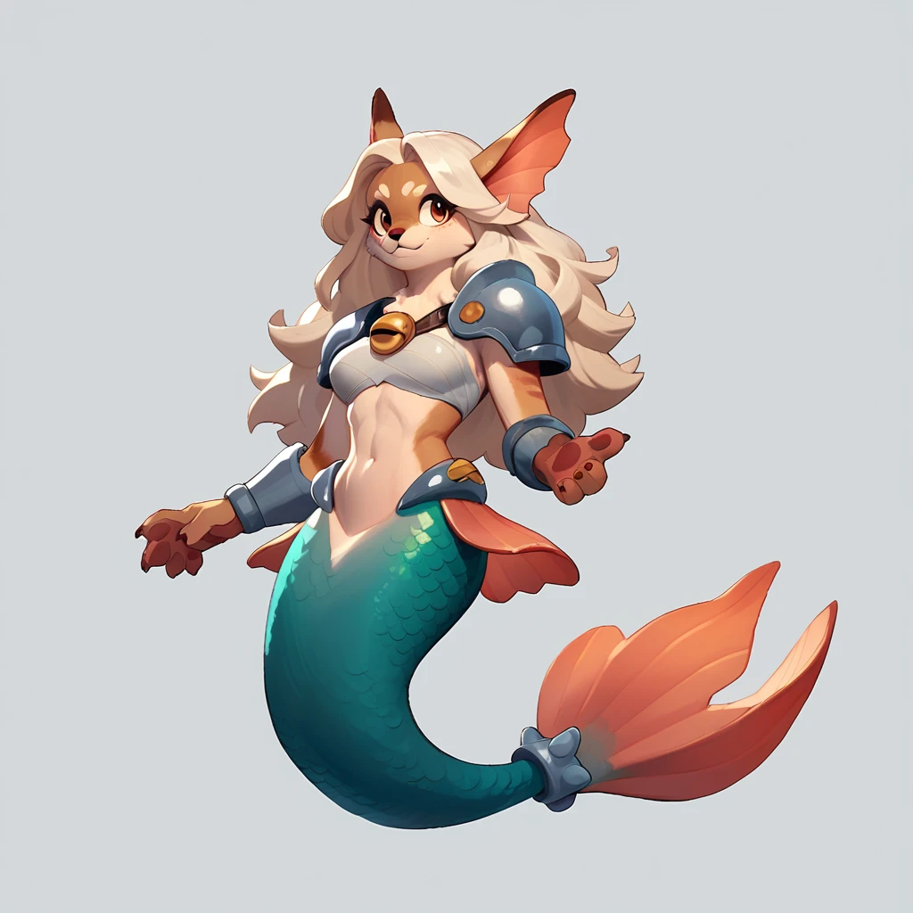 full body view of a furry mermaid, furry animal, female, long hair, red and white color, having steel shoulder pads