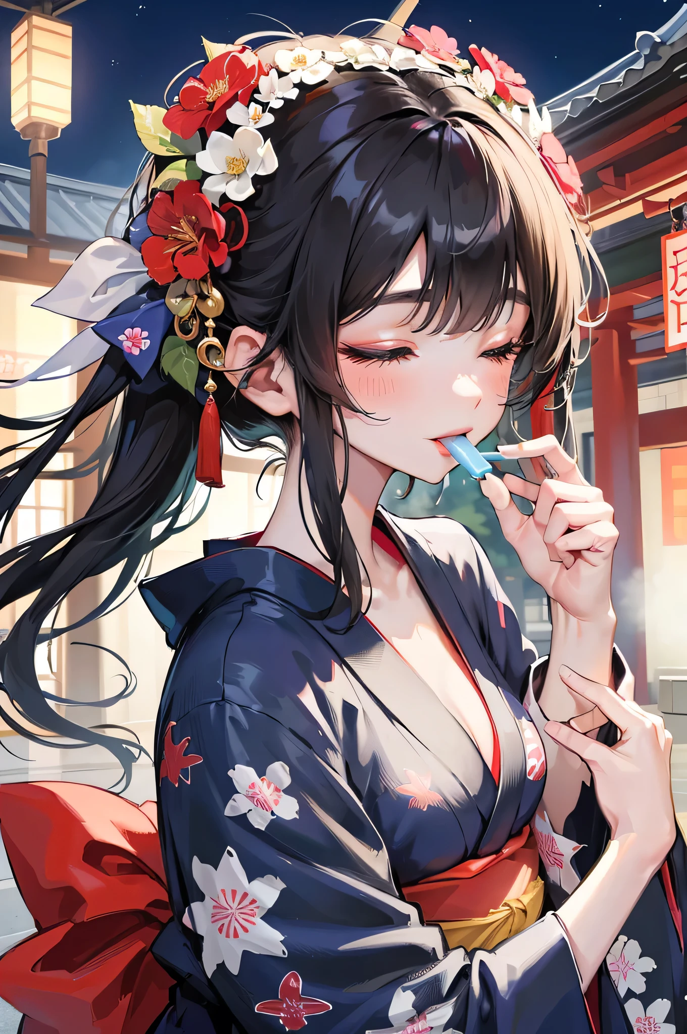 (Stretching out sexy tongue, sexy kiss and Lick:1.2 a popsicle) (solo:2, 15 yo blunt bangs:1.2 black hair long hair shrine maiden cute girl, sexy closed eyes, love smile), (in a cute yukata), break, (in the night Japanese festival venue), BREAK, perfect anatomy, masterpiece, best quality, 16k, beautiful detailed hot, daydreaming expression.