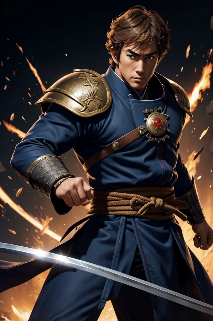 Highest quality，High resolution，((Masayoshi Son)) ，Kenshiro，Fist of the North Star，samurai，One person，bald，armor，（dark blue_coat），male，One personで，Middle Age，（face_Wrinkles），Swordsman，strongest，Anime Style，(Limbs)，(Full Finger)，(Accurate fingertips), (The finer details), (Super detailed)，(Japanese sword:)，4K，(high resolution)，whole body, (Front angle), Looking at the camera,masterpiece，(Subtle details)，(Intricate details)，Octane Rendering，(Hyper Detail)，