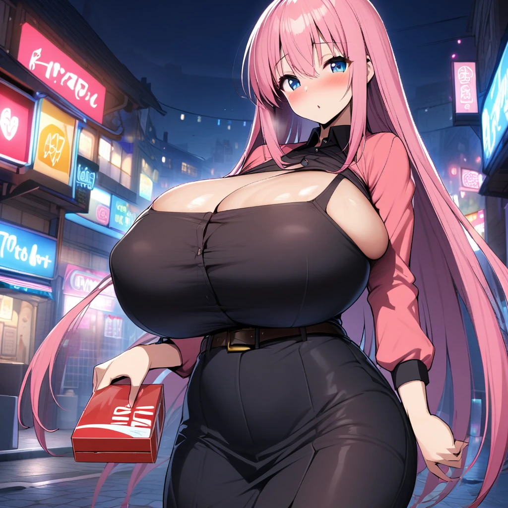 gotou hitori,1girl,solo,Females in heat,blush,gigantic huge breasts,condom box in right hand,looking at viewer,standing up,town at night