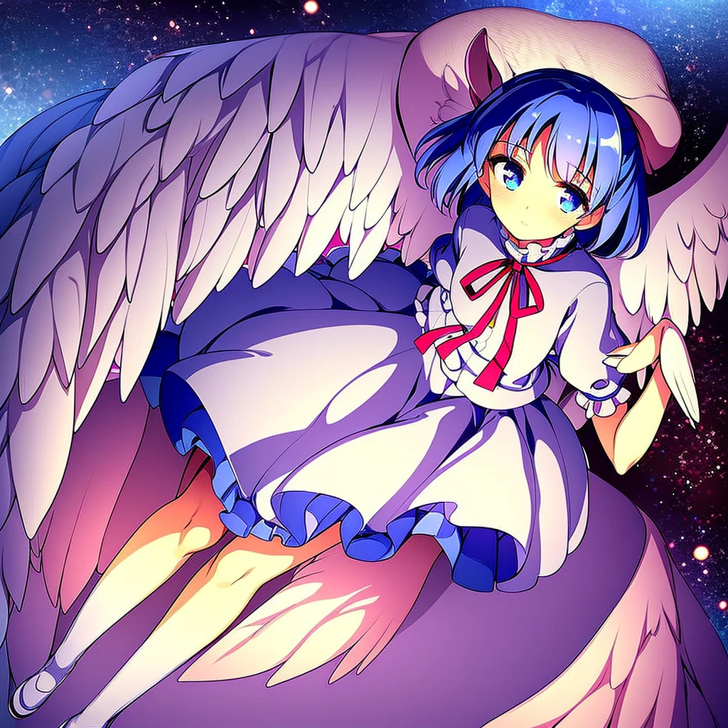 masterpiece, best quality, 1girl, , , 10 years old, medium blue hair, hair flaps, pink ribbon on head, well-formed face, blue eyes, angel girl, white blouse, puffy short sleeves, red ribbon, angel wings, long white skirt, red shoes, frills, ribbon head