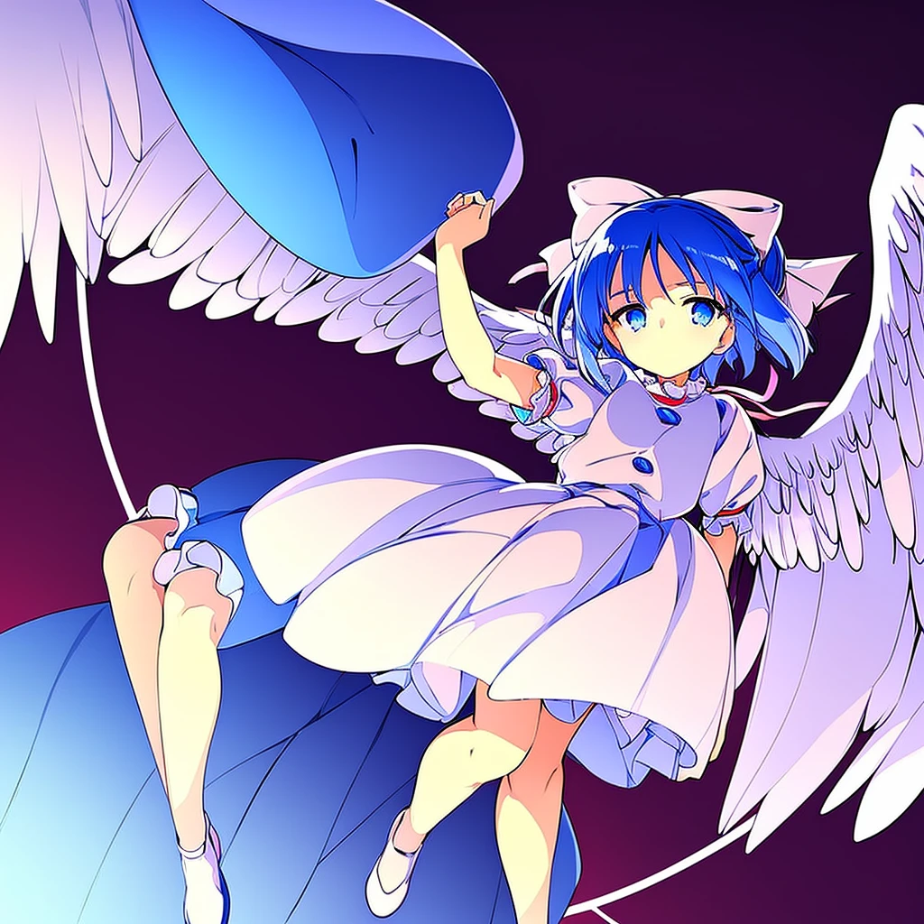 masterpiece, best quality, 1girl, , , 10 years old, medium blue hair, hair flaps, pink ribbon on head, well-formed face, blue eyes, angel girl, white blouse, puffy short sleeves, red ribbon, angel wings, long white skirt, red shoes, frills, ribbon head