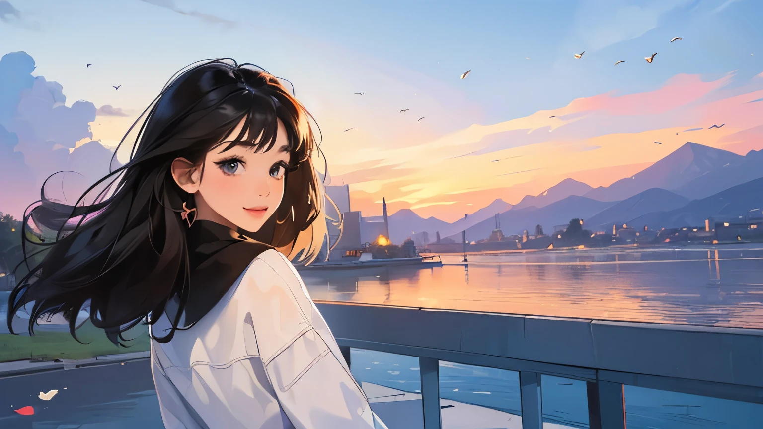 ((masterpiece)),(((bestquality))),((ultra-detailed)) realisticlying, 1 girl, Beautiful, black hair, happy, solo, The sky morning, looking to viewer, home.