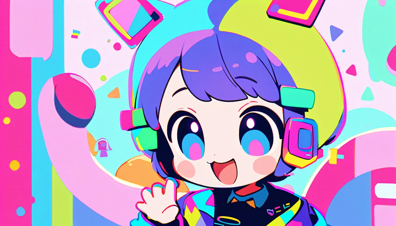 Spirited Art,pop、bright、pastel, 1 female, ライトblueの髪,　short hair、Happy,cute, Animation Style, cute, clearly, Colorful cyberpunk、bubblegum pop, cute、ピンクとライトblueをメインカラーに、I&#39;Cheer loudly、　Wearing headphones、tropical,　summer、　Blue as the base color、blue、Cool atmosphere、Refreshing、summerっぽい
