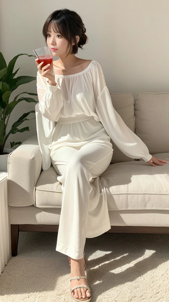 ((masterpiece,Highest quality)), (Like the picture:1.4),((Tabletop,8K)),High resolution,Studio Soft Light, Rim Light, Vivid details, Realistic skin texture,Japanese, One beautiful woman, short hair, Wavy Hair, Faint, thin bangs, compensate, 38 years old, Detailed skin, Long sleeve tunic blouse, Wide leg pants, Are standing, White Background, White Room,White wall, Full body photo, View your viewers、Sitting on the sofa、holding a drink in hand、Alcohol on the table