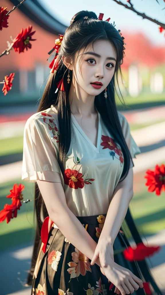 (8K、Top quality、masterpiece:1.2)、(8K、Top quality、masterpiece:1.2)、Dark theme、(Top quality、masterpiece:1.2)、20-year-old girl wearing a torn feather dress、(Chaos of red flowers in the background:1.3)、Beauty、Korean Temple、Beautiful woman、Gorgeous、Charm