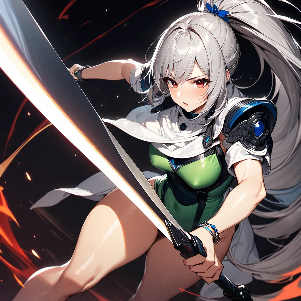 (masterpiece),(Highest quality),(Super detailed),(Best illustrations),(so beautiful), so beautiful長い脚, Thighs, Silver Hair, Red eyes, Very long hair, High Ponytail, Blue headband, Green leotard, White Cape, Shoulder pads, bracelet, holding weapon, huge_sword, slashing, 