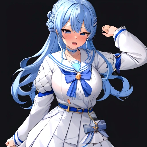 SuiseiSchool, long hair, half updo, white serafuku, blue choker, blue bowtie, blue belt, white skirt, grey cardigan,huge oppai,Break,Haigure,ahegao,nose hook,
