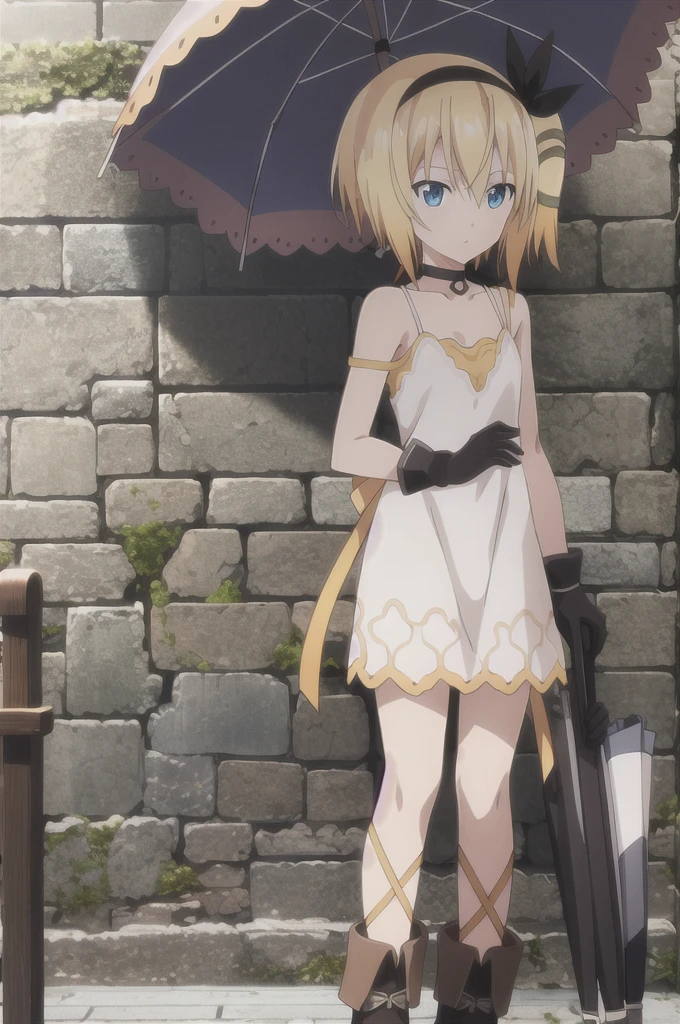 ((masterpiece)),((Highest quality)),Very detailed,Consciousness upward,Explicit,beautiful body,beautiful Nose,beautiful character design,Perfect Eyes,Perfect Face,wallpaper,Ultra-high resolution,4K,photograph,(beautiful,Small breasts:1.2),(beautiful顔:1.2),beautiful足,Perfect Legs,Shiny skin,Official Style,Browsing Caution,Official Art,Create a screen capture,Anime Coloring,
One Girl,alone,umbrella,blonde,short hair,choker,Side Ponytail,ribbon,blue eyes,black choker,gloves,leg ribbon,片手gloves,hair band,whole body,hair ribbon,dress,View your audience,tress ribbon,boots,Are standing,white dress,skirt,clavicle,Beach,Outdoor,Day,