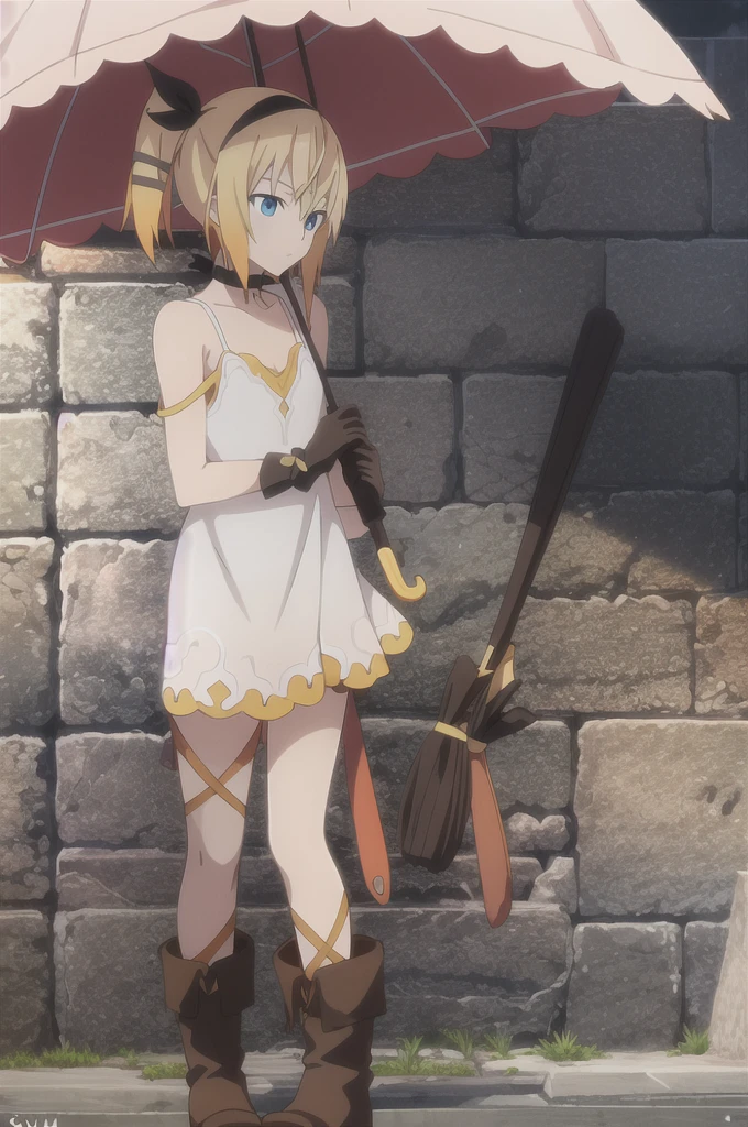 ((masterpiece)),((Highest quality)),Very detailed,Consciousness upward,Explicit,beautiful body,beautiful Nose,beautiful character design,Perfect Eyes,Perfect Face,wallpaper,Ultra-high resolution,4K,photograph,(beautiful,Small breasts:1.2),(beautiful顔:1.2),beautiful足,Perfect Legs,Shiny skin,Official Style,Browsing Caution,Official Art,Create a screen capture,Anime Coloring,
One Girl,alone,umbrella,blonde,short hair,choker,Side Ponytail,ribbon,blue eyes,black choker,gloves,leg ribbon,片手gloves,hair band,whole body,hair ribbon,dress,View your audience,tress ribbon,boots,Are standing,white dress,skirt,clavicle,Beach,Outdoor,Day,